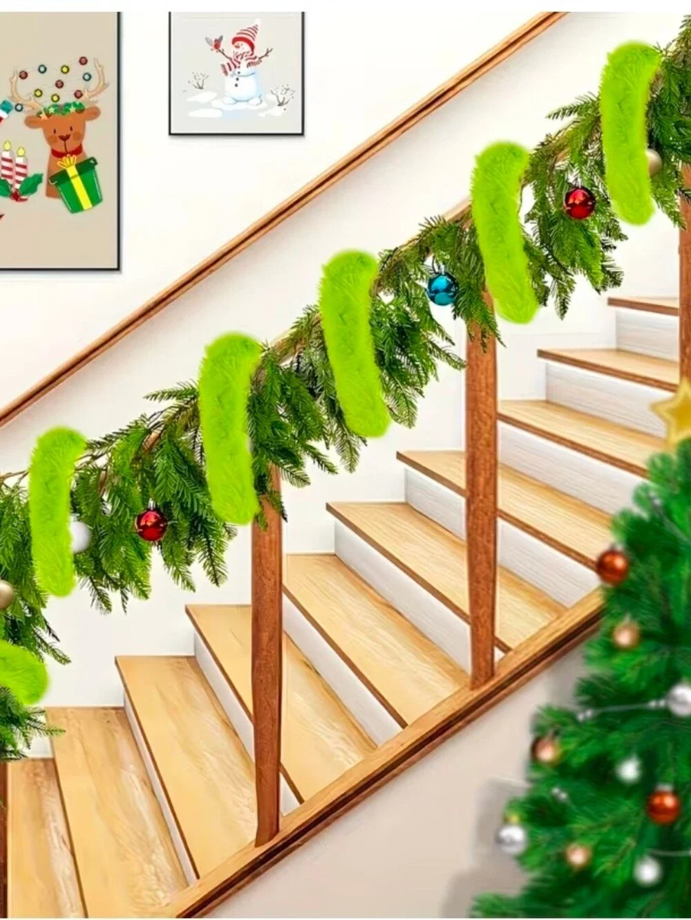 Bright Lime Green Grinch Fuzzy Christmas Tree Garland - EUC